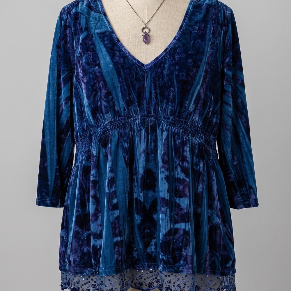 One World Whimsigoth Blue Crushed Velvet Sequin Hem Tunic Top Plus Size 2X